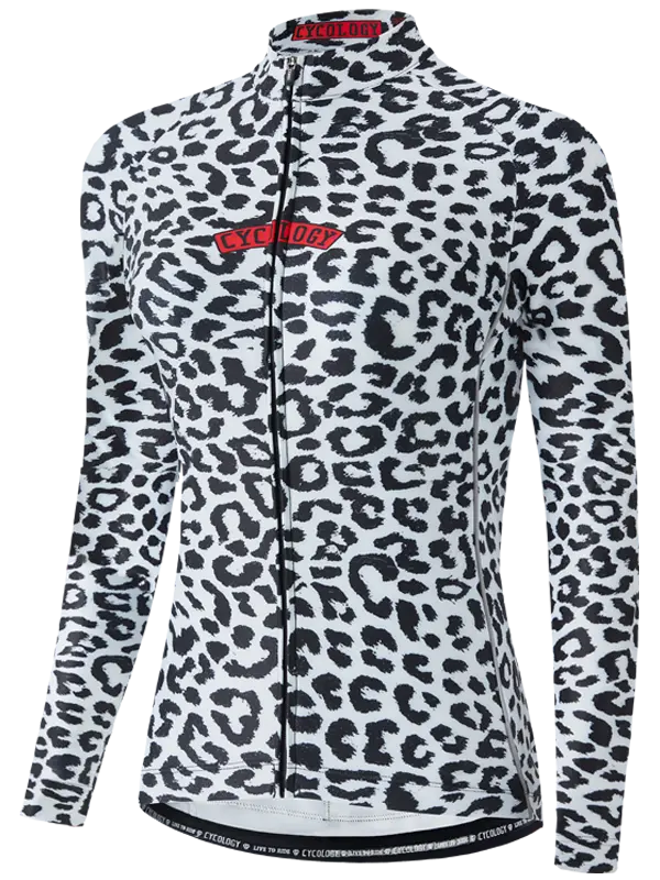 Kitty White Women's Winter Long Sleeve Cycling Jersey in Leopard print with a brand logo on a white background