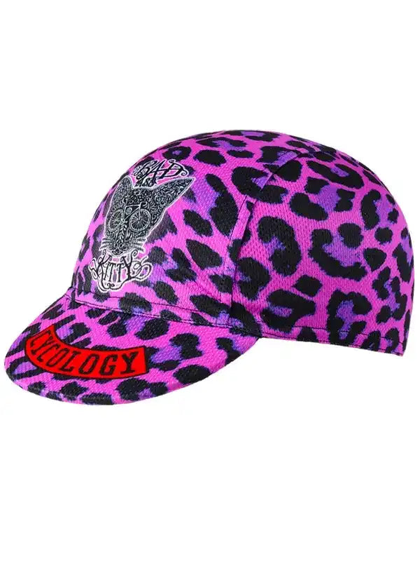 Pink leopard print cycling cap with skull design and red logo