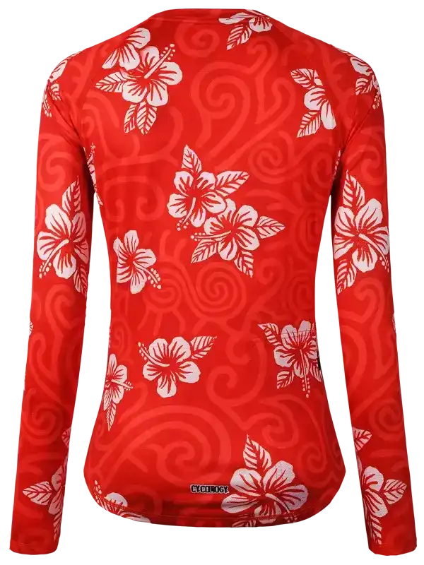 Red long-sleeve cycling jersey with white hibiscus floral print, ideal for women's road bike rides