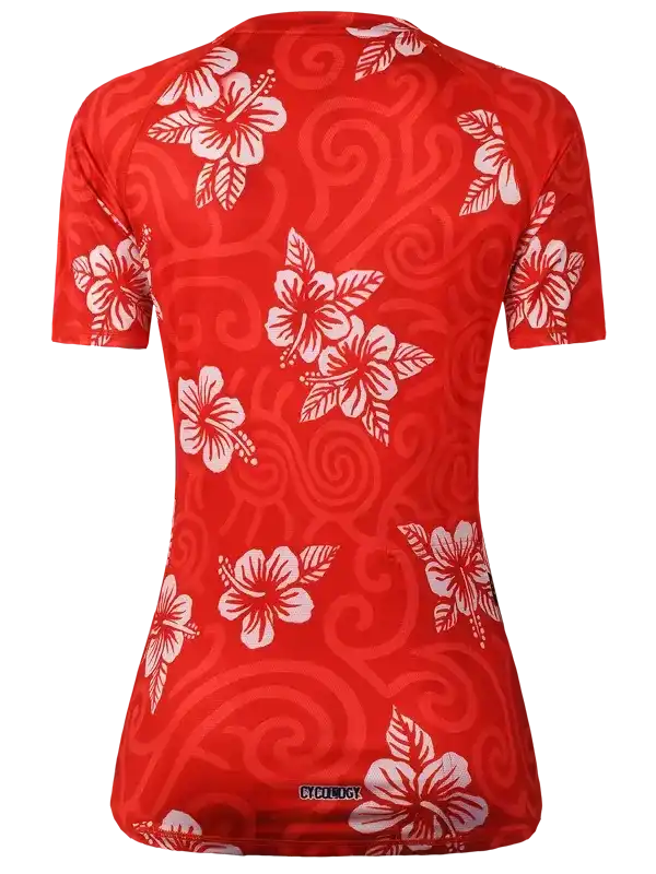 Red women's cycling jersey with white hibiscus floral print and swirl pattern, performance fabric
