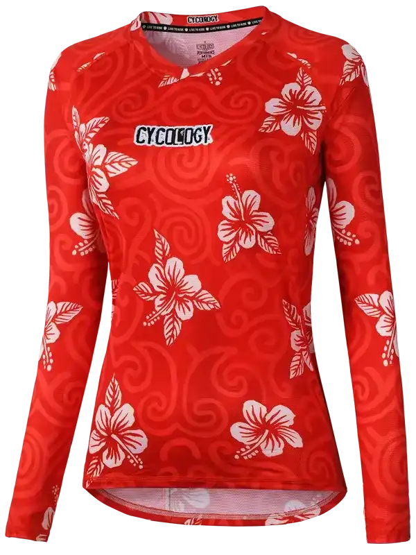 Red women's long sleeve cycling jersey with white hibiscus flower print and swirl pattern