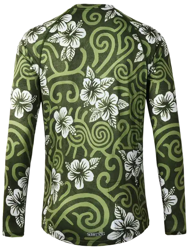 Men's long sleeve cycling jersey with green swirl and white hibiscus print, performance fabric