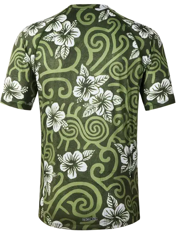 Men's cycling jersey with green swirl and white hibiscus floral pattern, breathable fabric design