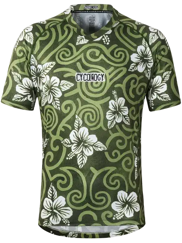 Men's cycling jersey with green swirl and white hibiscus print, breathable fabric for road biking