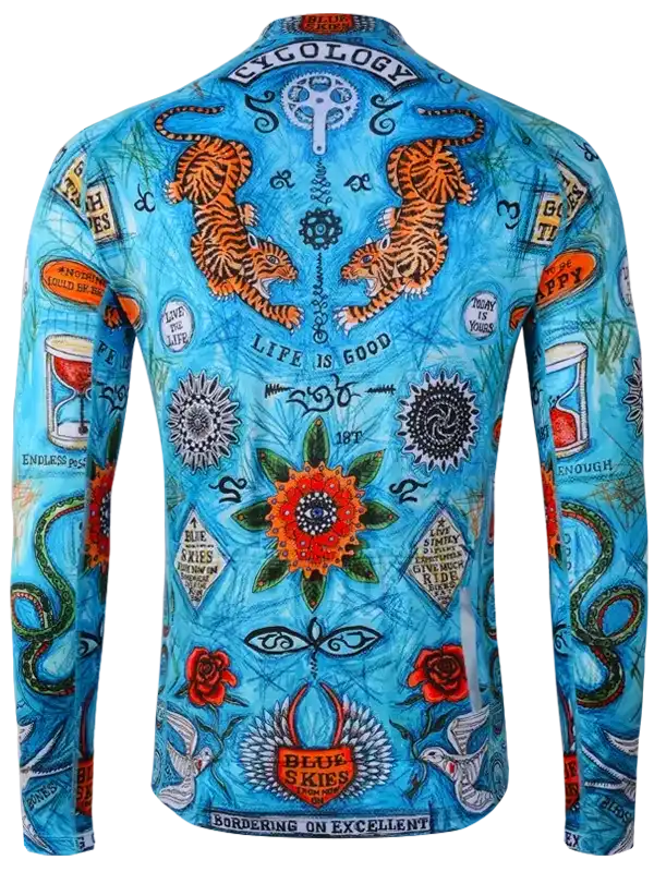 Men's long sleeve cycling jersey with vibrant tiger, floral, and tattoo-style graphics on blue background