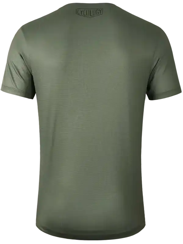 Olive green men's cycling jersey with subtle texture and logo at neckline, designed for performance and comfort.