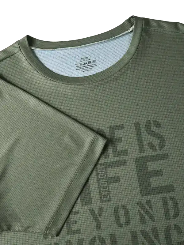 Olive green men's cycling jersey with 'LIFE IS BEYOND' graphic, breathable fabric, round neck