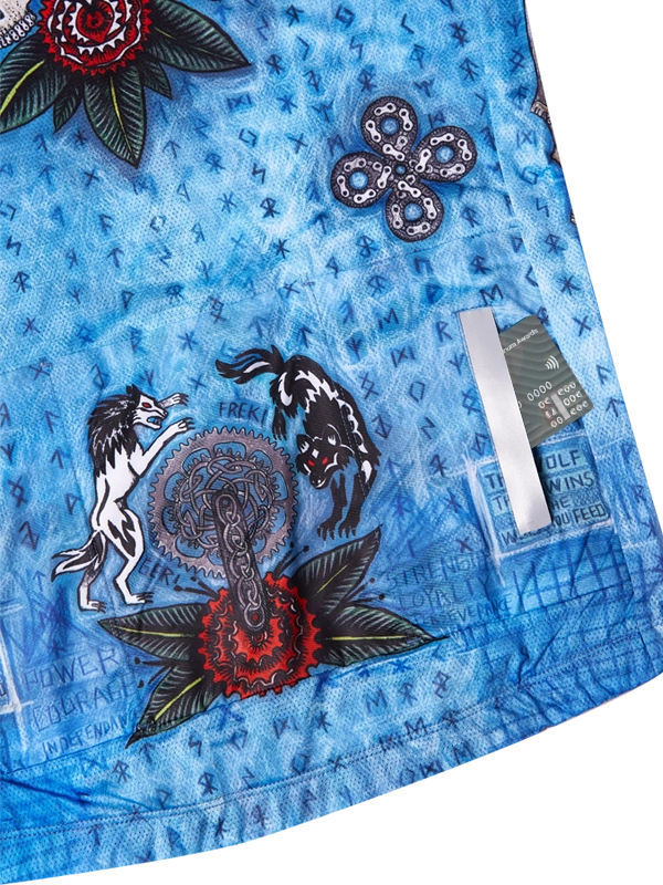 Blue men's cycling jersey with wolf and rose design 