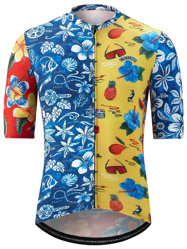 Men's tropical print cycling jersey with blue, yellow, red panels, hibiscus flowers, pineapples, and surf graphics