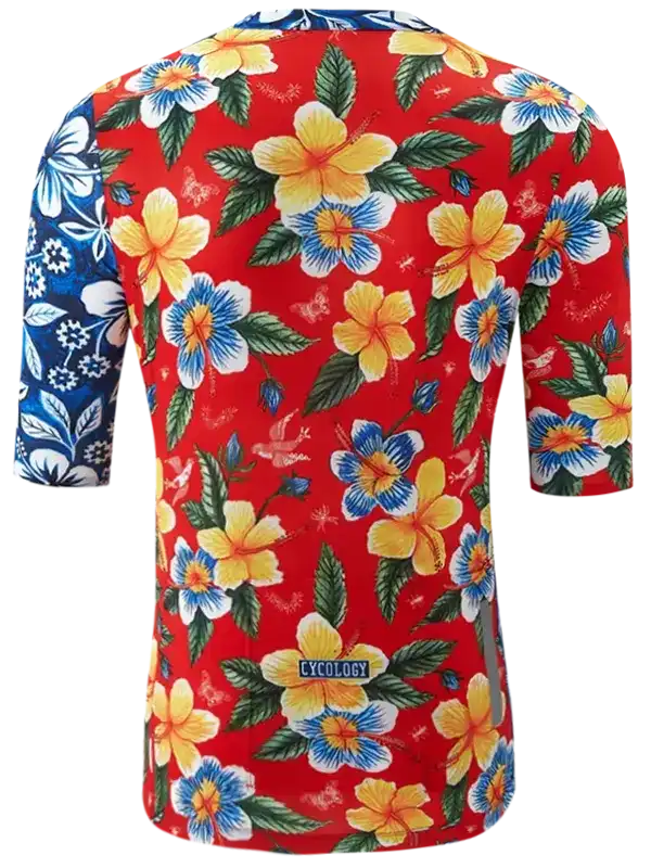 Vibrant red cycling jersey with tropical hibiscus print, blue floral sleeves, and Cycology logo