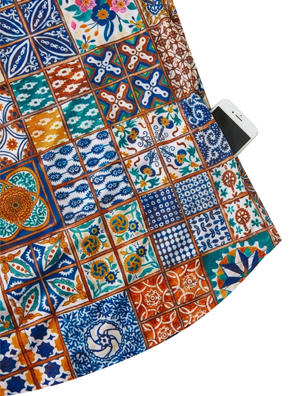 Colorful patterned  Men's  Gravel Shirt with a patchwork design side zip pocket