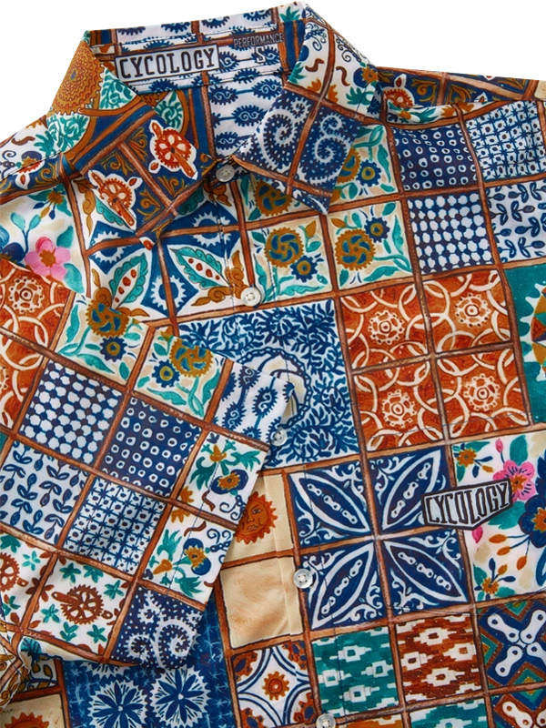 Colorful patterned MTB shirt with 'Cycology' branding 