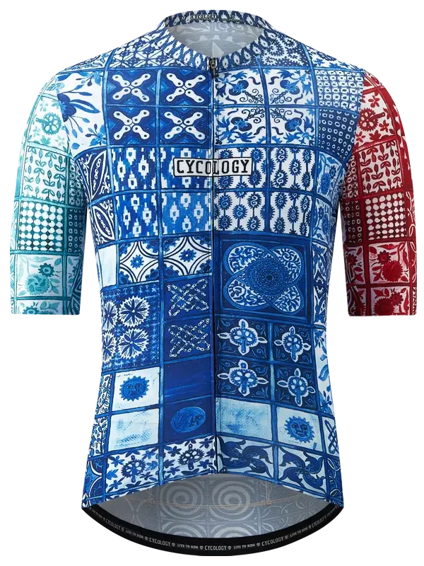 Men's cycling jersey with blue, white, and red tile-pattern design, featuring 'CYCOLOGY' logo on chest