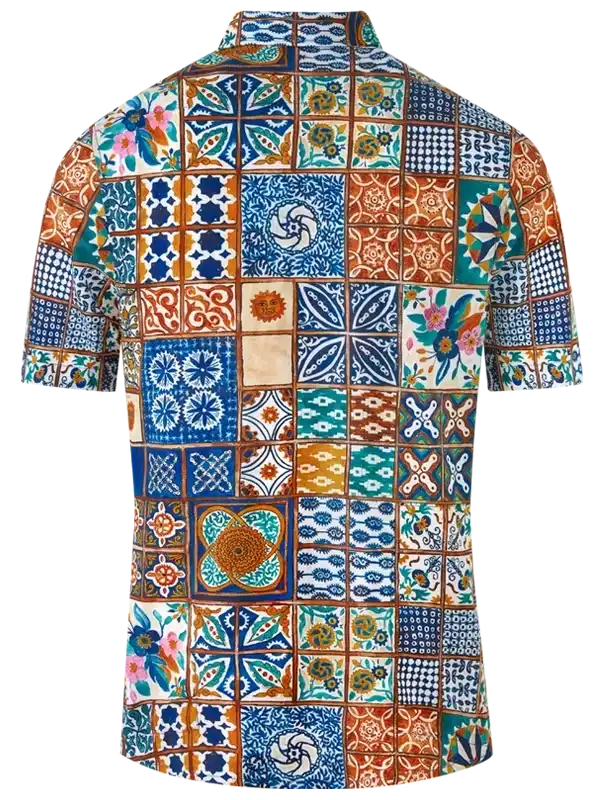 Men's cycling jersey with colorful tile print pattern, short sleeves, unique design for bike rides