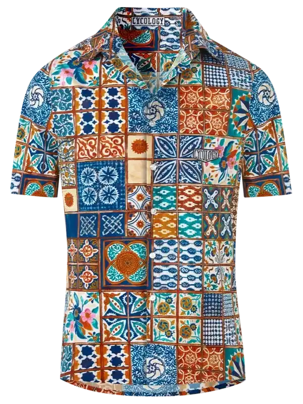 Men's short sleeve cycling shirt with vibrant tile print pattern, colorful geometric designs