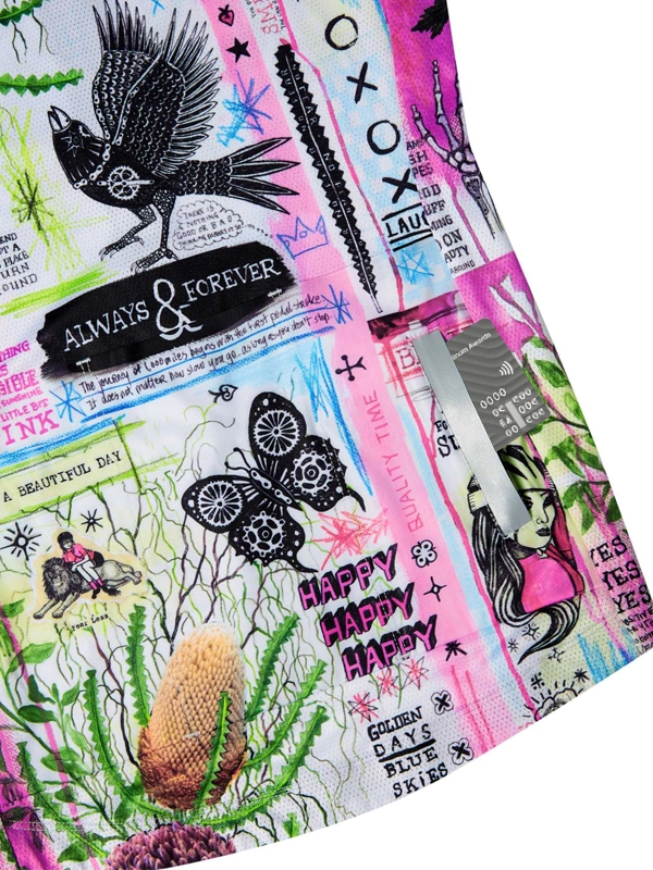 Colorful collage of various designs with text and illustrations on a white background