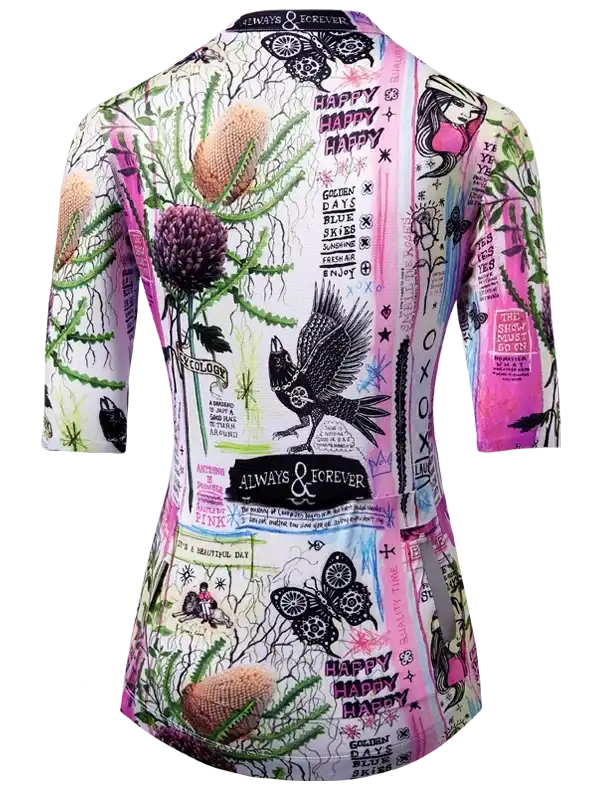Women's cycling jersey with floral, bird, and text print in pink and purple tones