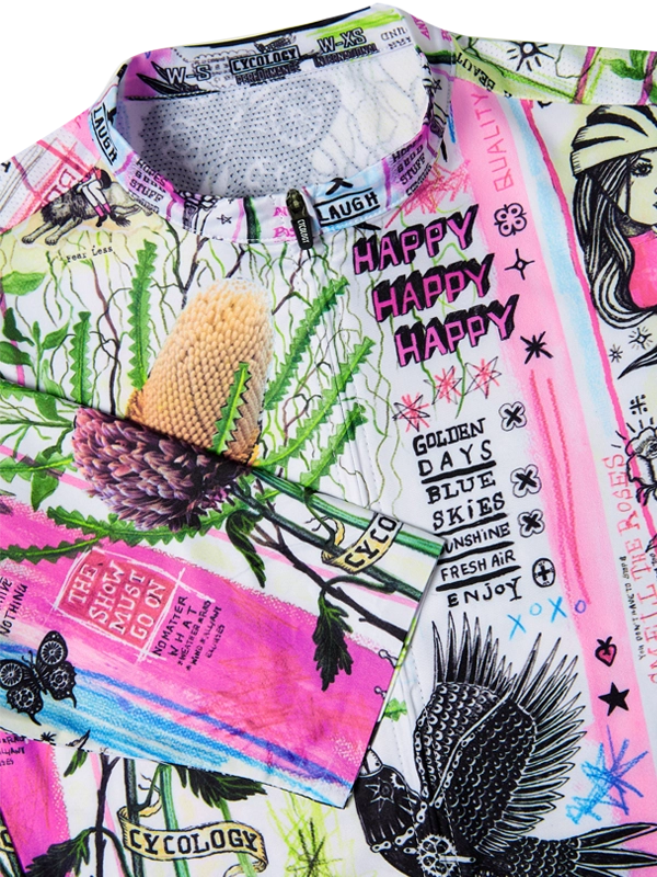 Colorful cycling jersey with nature-themed design and text on a white background