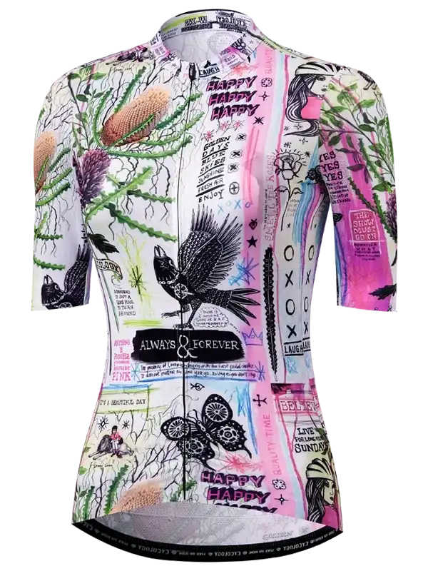 Women's cycling jersey with vibrant floral, bird, and graphic print design for road biking