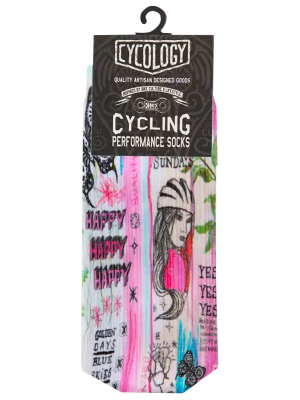 A pair of cycling performance socks by Cyclopedia, featuring a colorful graffiti-style print with pink, blue, black, and white elements, hanging from a black retail hanger.