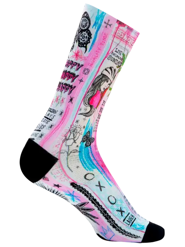A single crew sock with a vibrant graffiti-style graphic print featuring pink, blue, black, and white elements, including text, doodles, and a stylized illustration, shown on a plain white background.