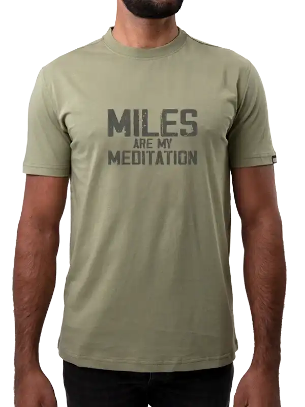 Men's olive cycling t-shirt with 'Miles Are My Meditation' graphic, ideal for road bike rides and training.