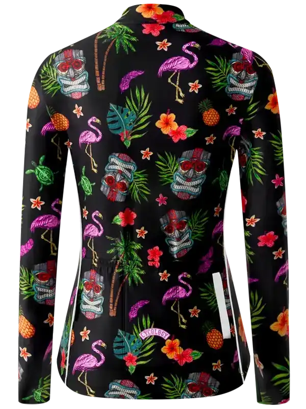 Women's tropical cycling jersey with flamingos, pineapples, and tiki masks on black background