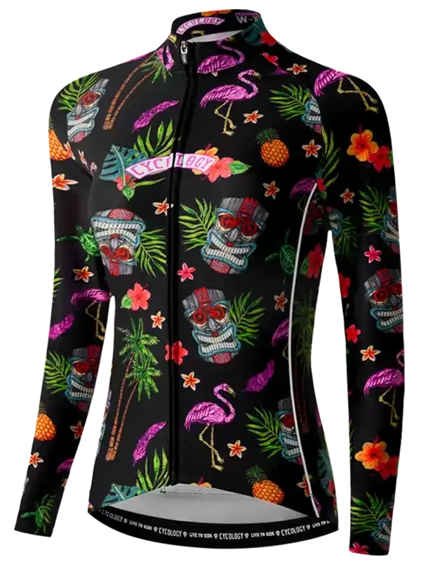 Women's long sleeve cycling jersey with tropical flamingo, pineapple, and sugar skull print on black