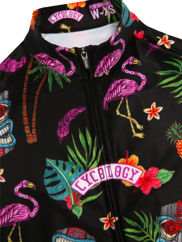 Molokai Black Women's Winter Long Sleeve Cycling Jersey with colorful flamingo and tropical leaf designs, featuring the brand 'Cycology'.