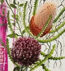 Floral pattern featuring pink and orange protea flowers with green leaves on white fabric.