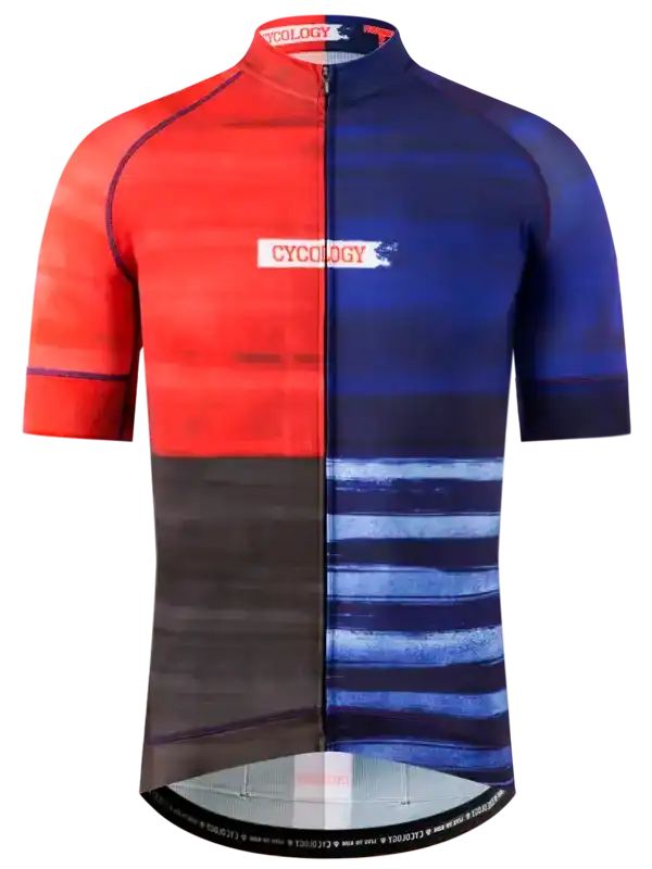 Men's cycling jersey with red and blue gradient design, full zip, and CYCOLOGY logo