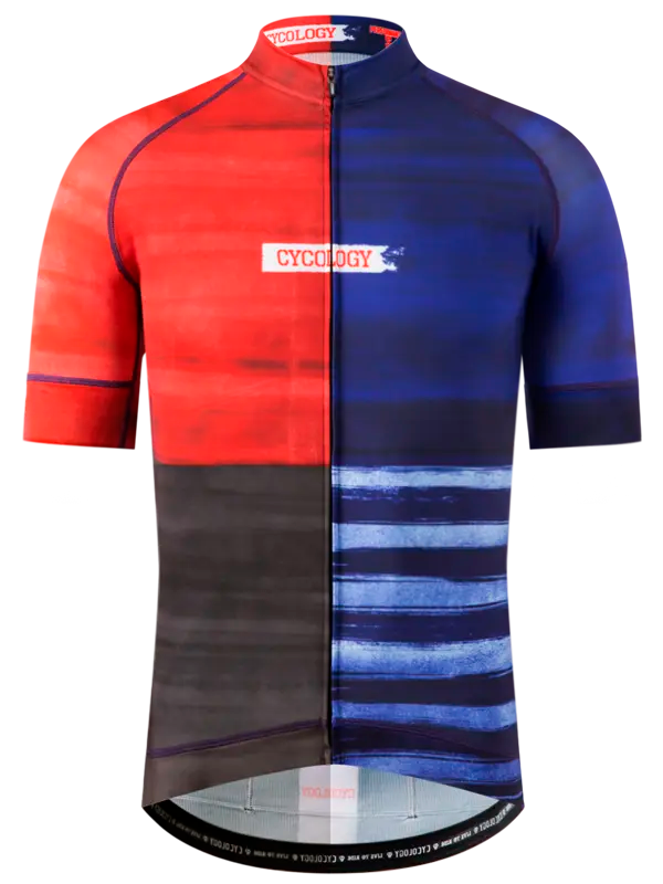 Men's Cycling jersey with red, blue, and black design 