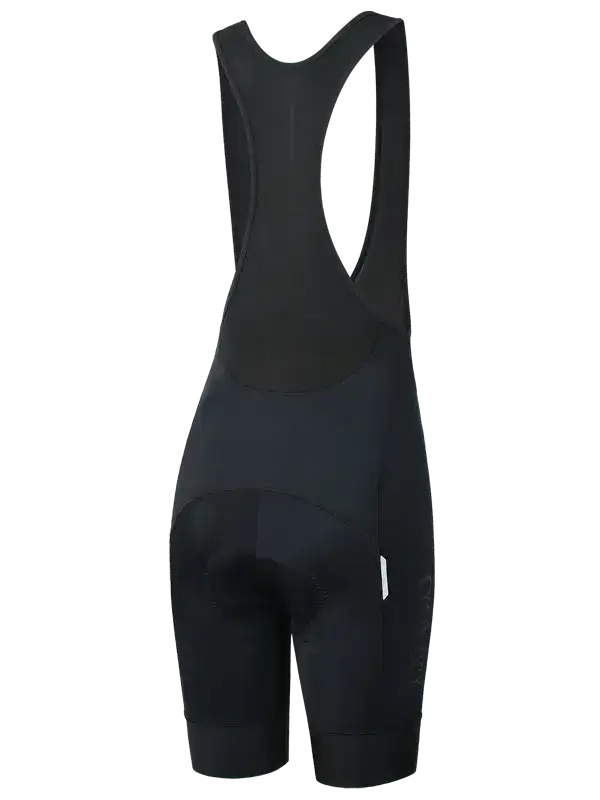 Black women's cycling bib shorts with ergonomic seams and padded chamois for comfort