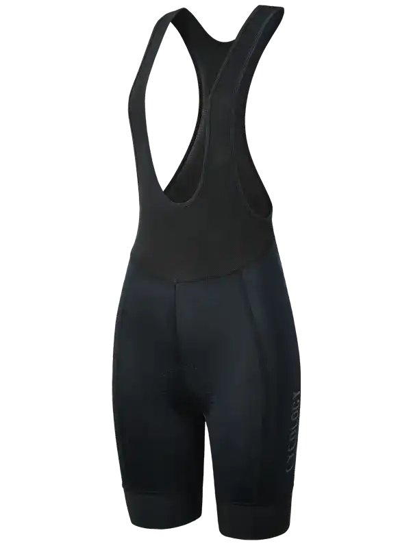 Black women's cycling bib shorts with ergonomic design and breathable fabric for performance rides