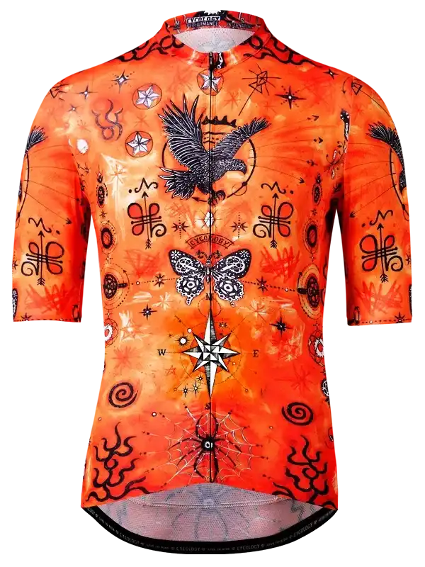 Men's cycling jersey with bold orange print, eagle, butterfly, and compass design for road biking