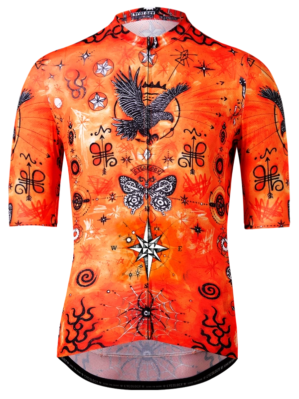 Orange men's  cycling jersey with black and white designs