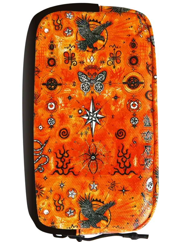 Cycology Clothing Nomad Cycling Wallet with orange mystical bird and butterfly pattern