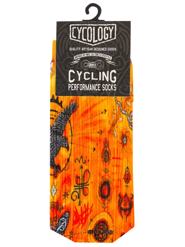 Vibrant orange cycling performance socks with bold graphic designs, ideal for bike culture enthusiasts.