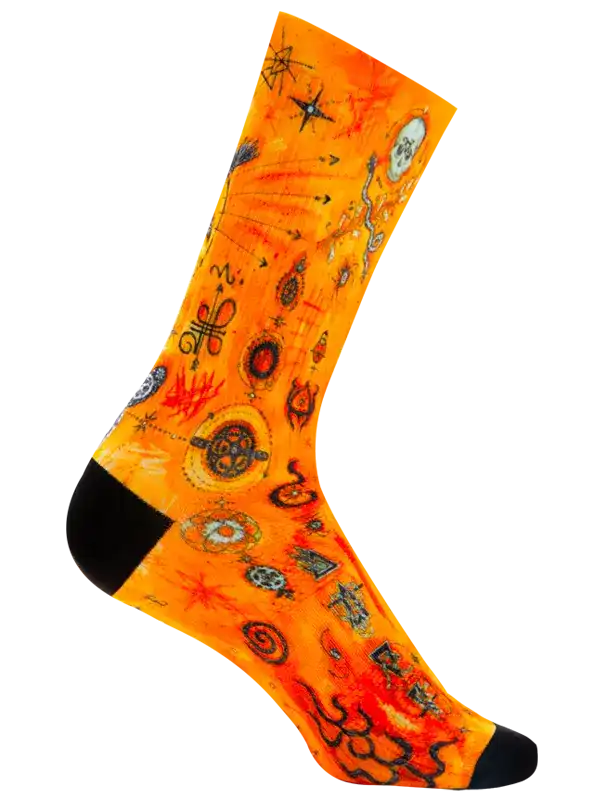 Vibrant orange cycling sock with cosmic and mystical symbols, black toe and heel, unique design for cyclists