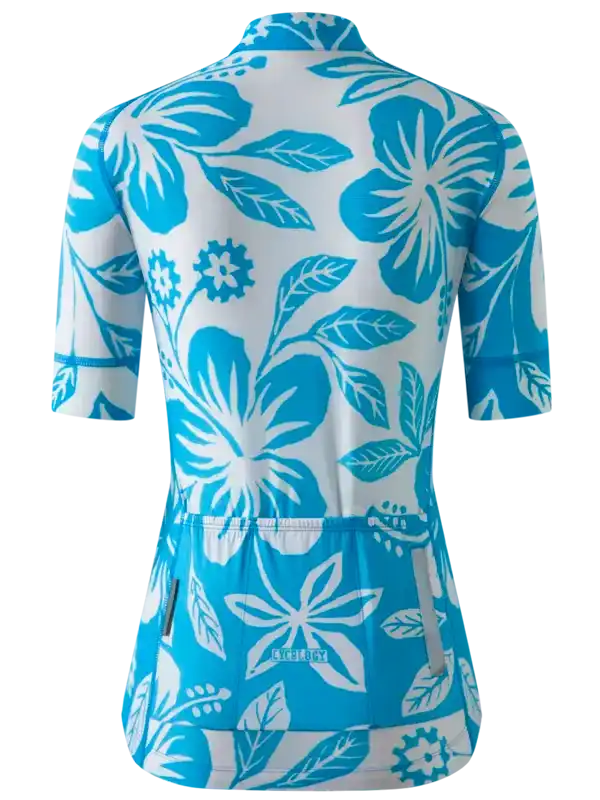 Women's cycling jersey with blue floral print, short sleeves, and rear pockets for bike rides