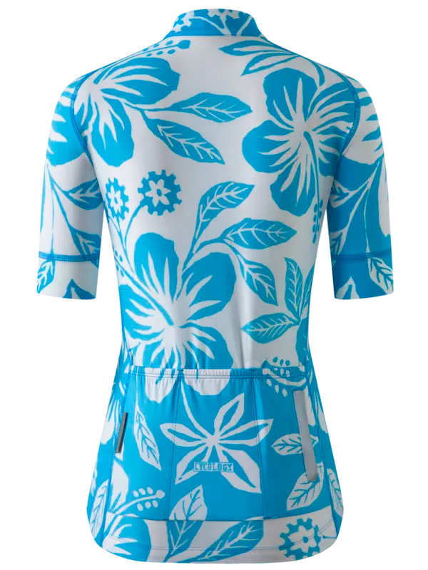 Blue cycling jersey with white Hawaiian floral pattern 