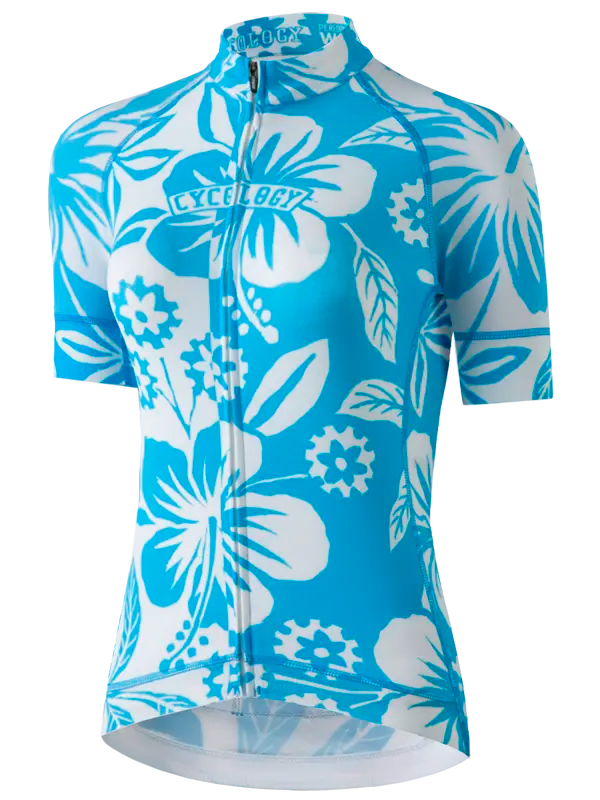 Blue cycling jersey with white Hawaiian floral pattern 