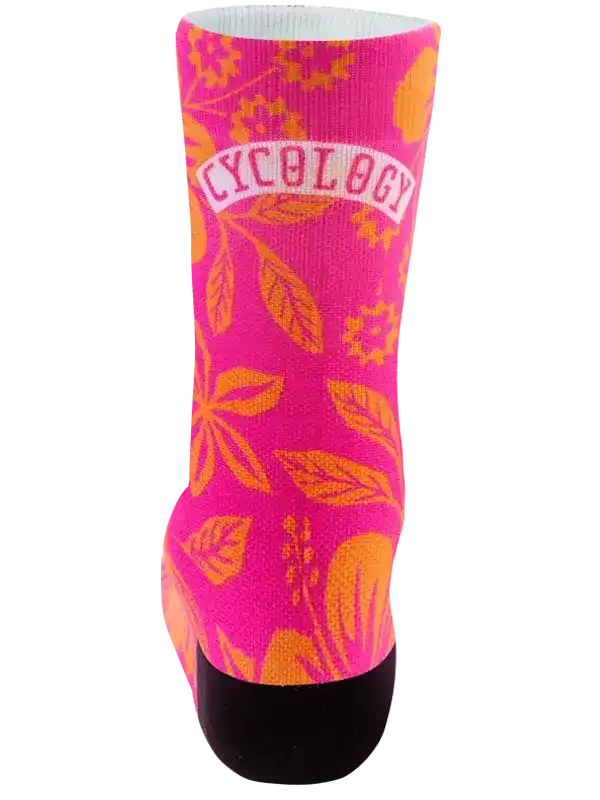 Pink cycling sock with orange leaf pattern and 'CYCOLOGY' logo, designed for men's and women's bike rides.