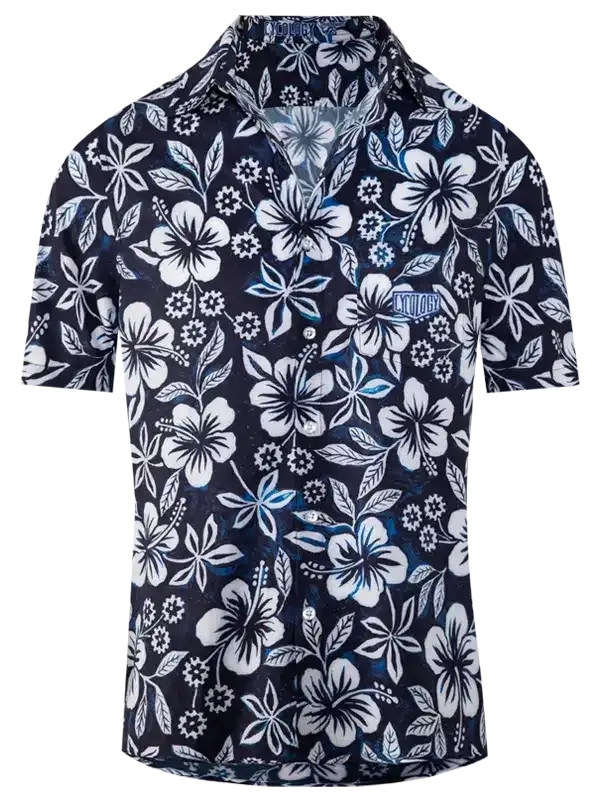 Men's floral cycling shirt with hibiscus print, short sleeves, button front, navy blue background