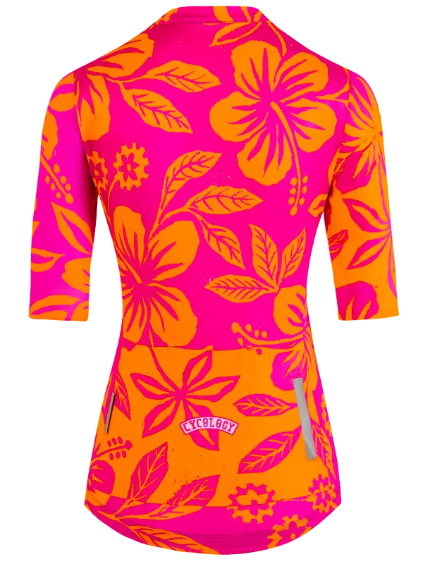 Pink and orange floral patterned shirt with a brand logo on a white background