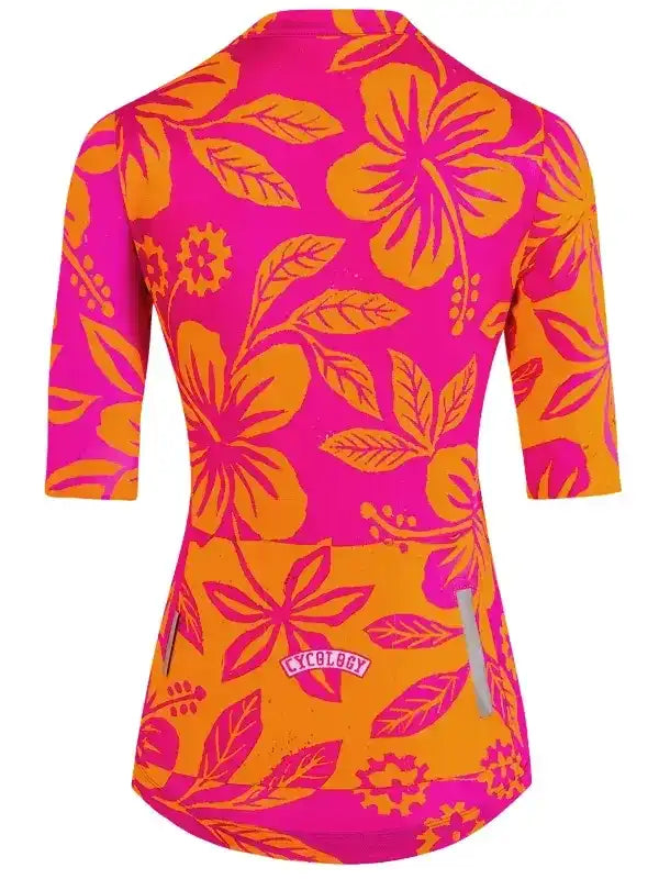Women's cycling jersey with vibrant pink and orange floral pattern, featuring reflective strips and brand logo