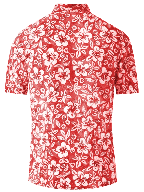 Red Men's MTB shirt with white Hawaiian floral and nature pattern 