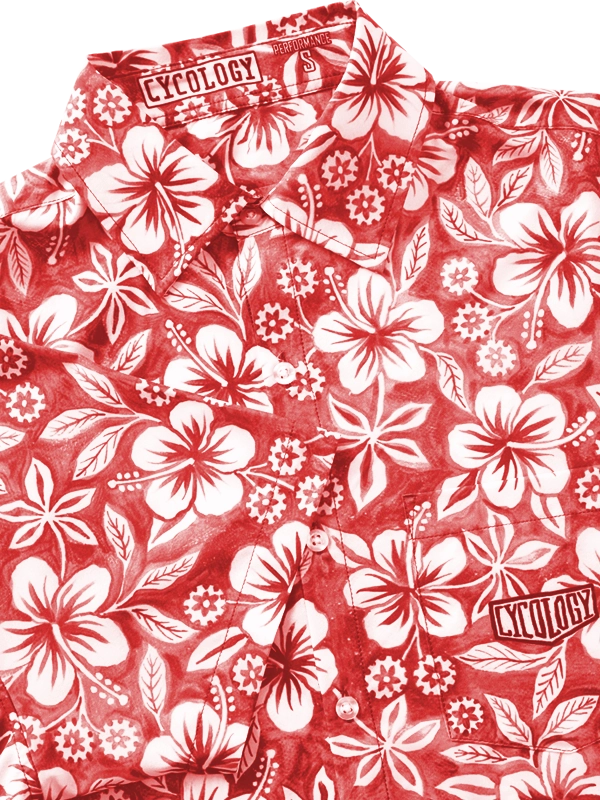 Red Men's MTB shirt with white Hawaiian floral and nature pattern 