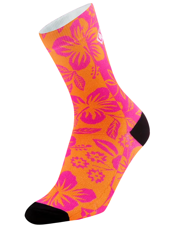 Colorful sock with pink floral pattern on an orange background