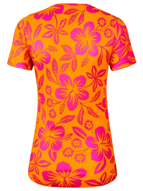Women's cycling jersey with vibrant orange and pink hibiscus floral print, short sleeve design